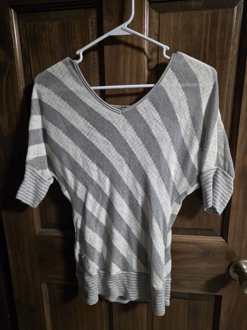 Vanity Gray & White Diagonal Striped Metallic Dolman Sleeve Sweater Top